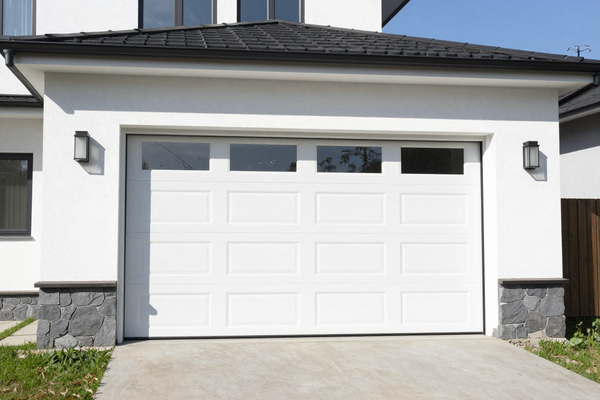 Installed white sectional garage door on modern Russian private house, daytime