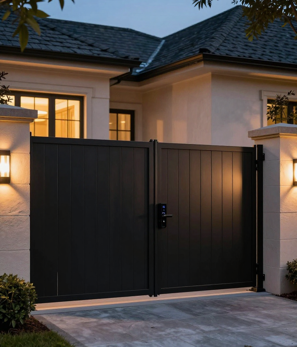 Large black sliding gate with automation on private estate, evening dramatic lighting