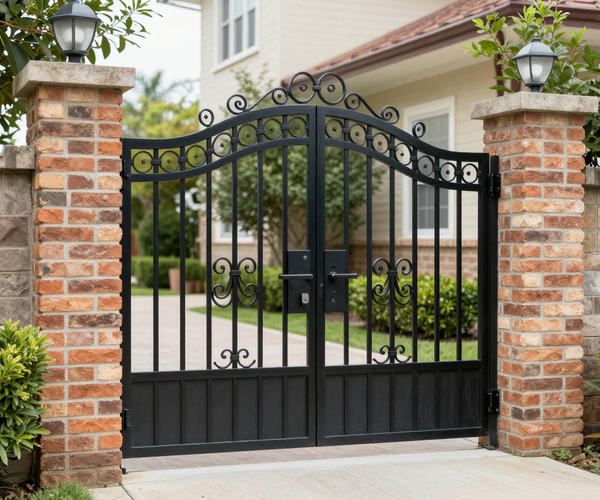 Decorative wrought iron swing gate with automation on brick pillars