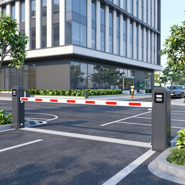 Automatic boom barrier gate on parking lot entrance, modern office building
